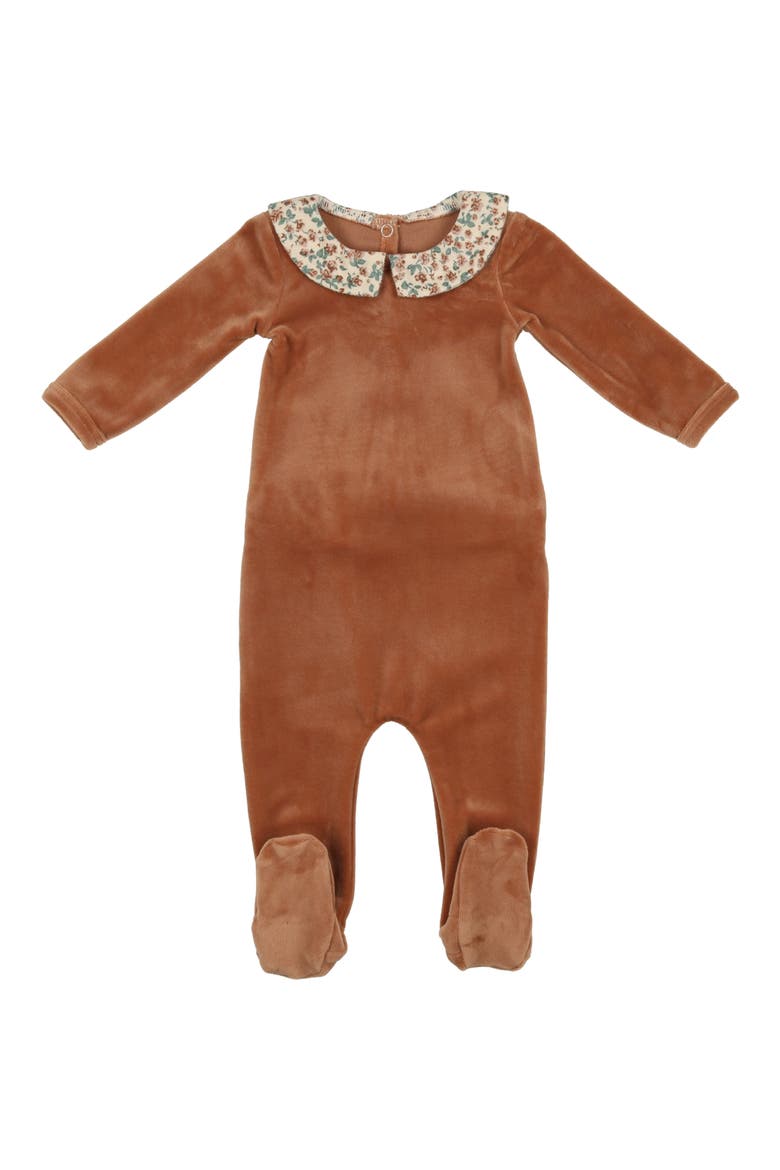 Floral Collar Velour Footie, Main, color, CARAMEL