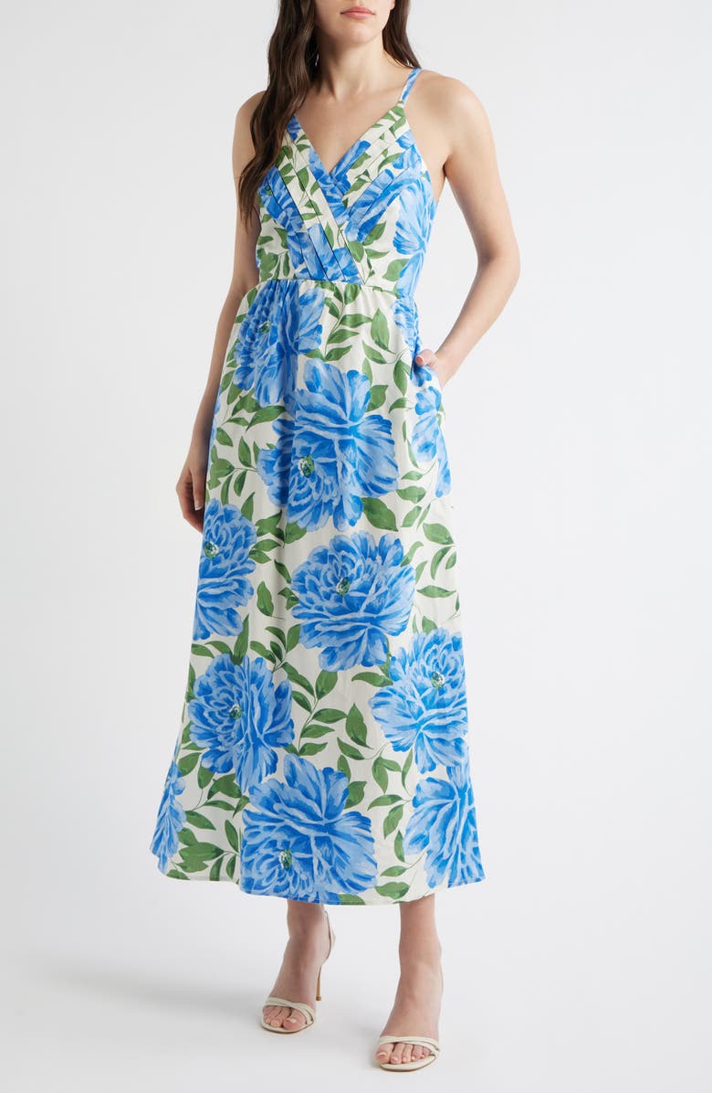 CeCe Floral Cotton Midi Dress, Main, color, Deep Marine