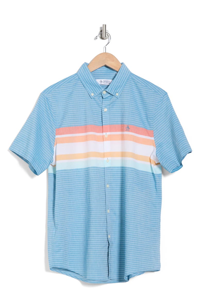 Original Penguin Lawn Chest Stripe Short Cotton Sleeve Button-Up Shirt, Alternate, color, Mosaic Blue