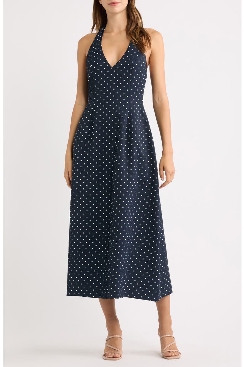 Polka Dot Fit & Flare Halter Neck Midi Dress, Main, color, NAVY POLKA DOT