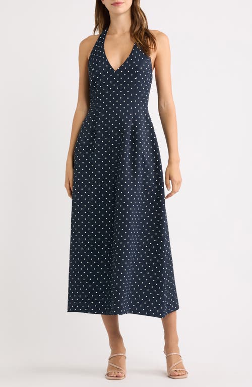 Odd Muse Polka Dot Fit & Flare Halter Neck Midi Dress in Navy Polka Dot at Nordstrom, Size X-Large