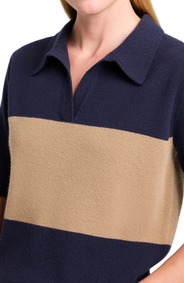 TWP Colorblock Johnny Collar Cashmere Polo Sweater, Alternate, color, Blueberry / Ermine