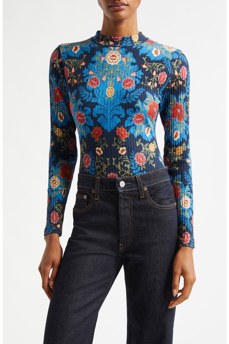 Arabesque Floral Mock Neck Cotton Rib Bodysuit, Main, color, ARABESQUE FLORAL BLUE