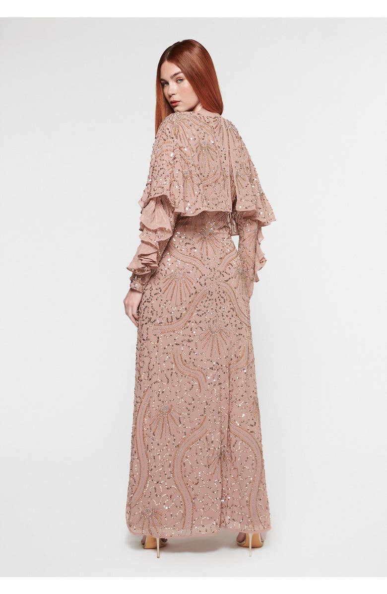 MARYISA Occasion Modest Embellished Sequin Beaded Evening Maxi Dress, Alternate, color, Taupe Blush