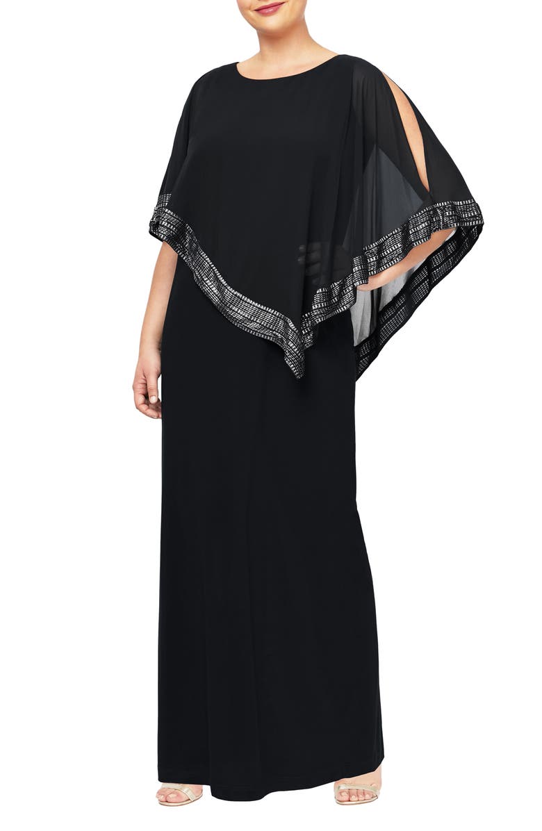 SLNY Asymmetrical Cape Dress, Main, color, Black Silver