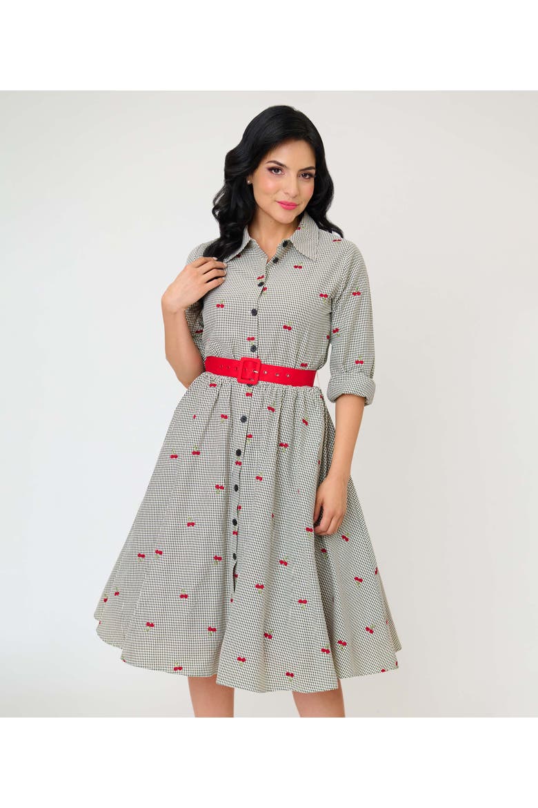 Long Sleeve Belted Shirt Dress, Main, color, Grey Gingham Cherry Print