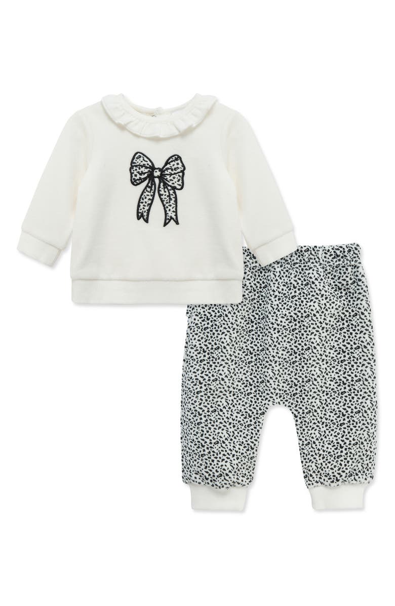 Little Me Geo Bow Shirt & Joggers Set, Main, color, Off White/ Black