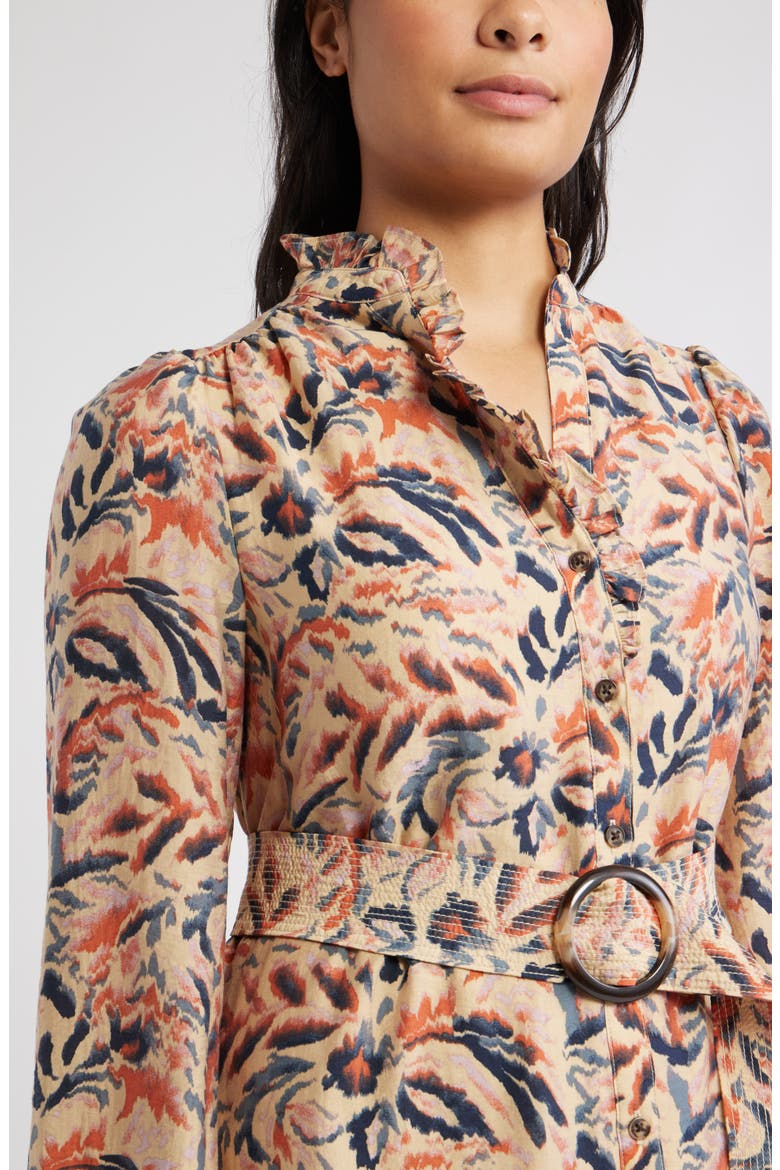 Ruffle Belted Long Sleeve Maxi Dress, Alternate, color, TAN- NAVY IKAT BLOSSOM