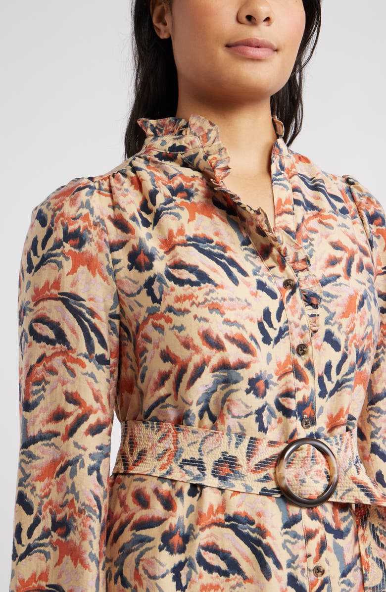 Caslon<sup>®</sup> Ruffle Belted Long Sleeve Maxi Dress, Alternate, color, Tan- Navy Ikat Blossom