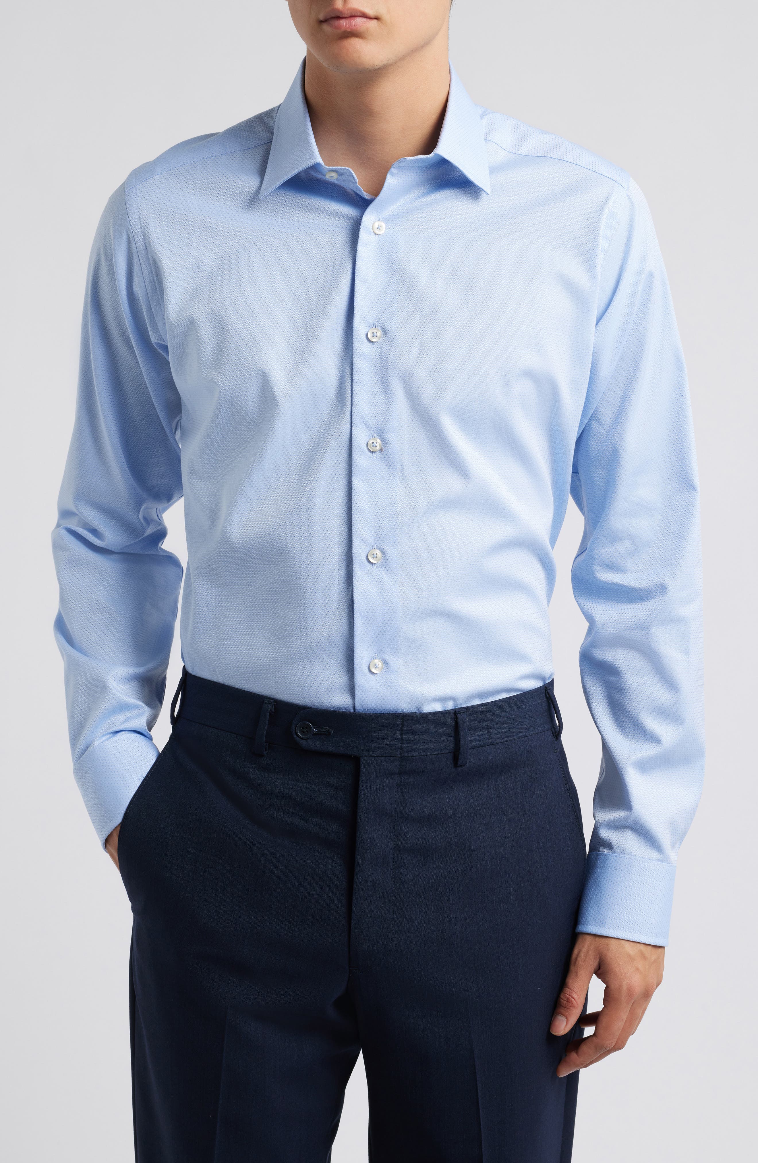 David Donahue Slim Fit Micropattern Cotton Dobby Dress Shirt in Sky 