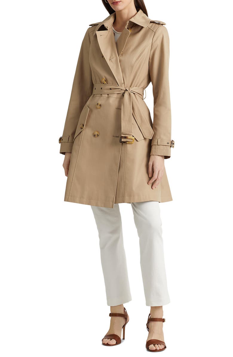 Lauren Ralph Lauren Double Breasted Water Repellent Cotton Blend Trench Coat, Main, color, 