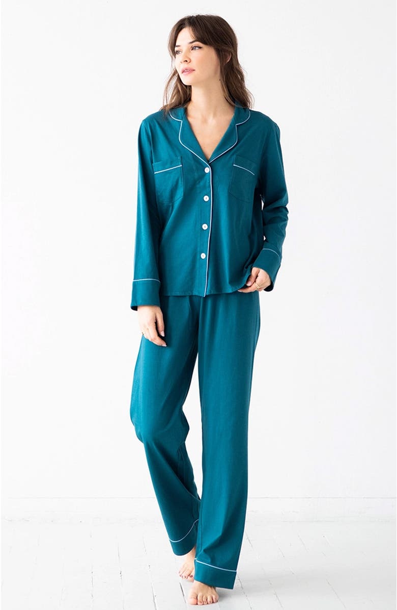 SALUA Classic Pajamas in Pima Cotton, Alternate, color, Deep Teal/Light Blue