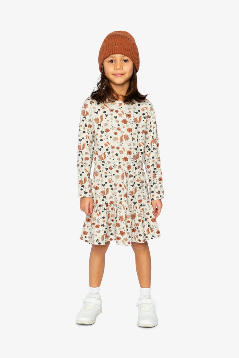 Organic Cotton Squirrel Floral Ruffle Yoke Dress, Alternate, color, Beige with Squirrel Print