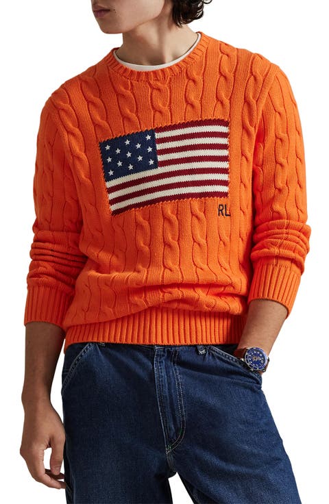 Flag Intarsia Cabled Cotton Crewneck Sweater