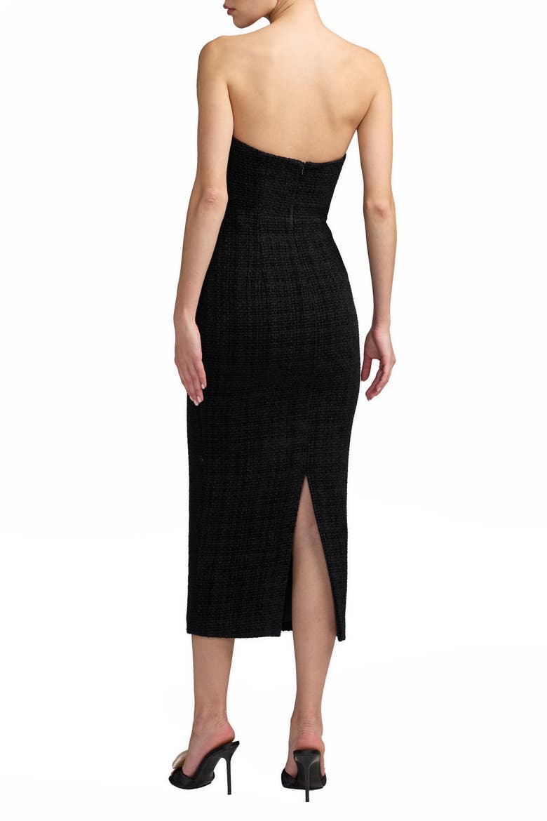 Strapless Boucle Fitted Midi Dress With 3D Flowers, Alternate, color, Black Multi