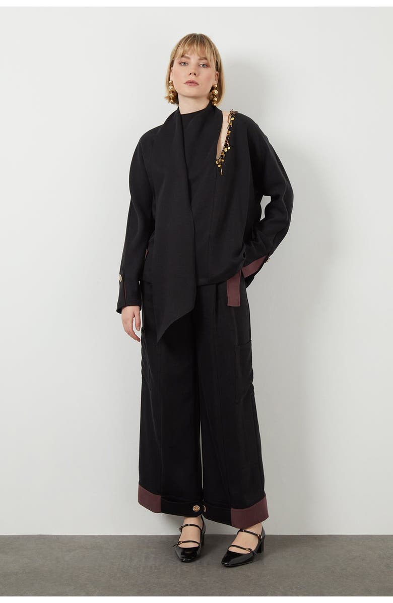 Gizia Embroidered Tie Neck Detail Unlined Long-Sleeve Black Blouse, Main, color, Black