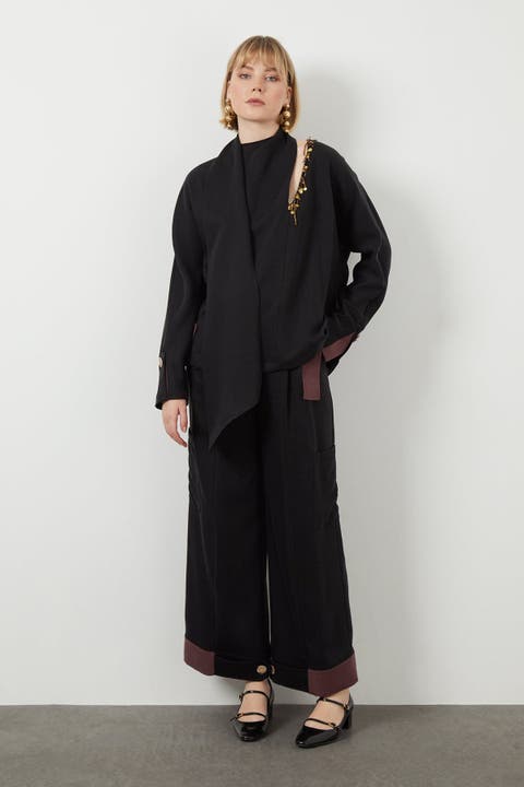 Embroidered Tie Neck Detail Unlined Long-Sleeve Black Blouse