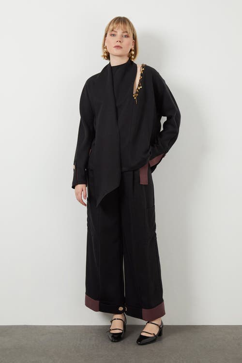 Gizia Embroidered Tie Neck Detail Unlined Long-sleeve Black Blouse