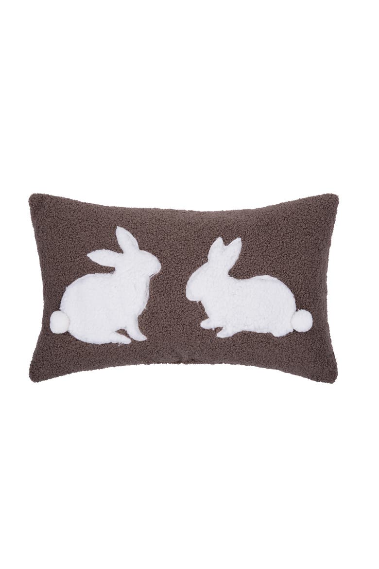 Easter Bunny Rabbit Duo Silhouettes Hooked Mini Brown Lumbar Accent Pillow 12" x 20", Main, color, Brown