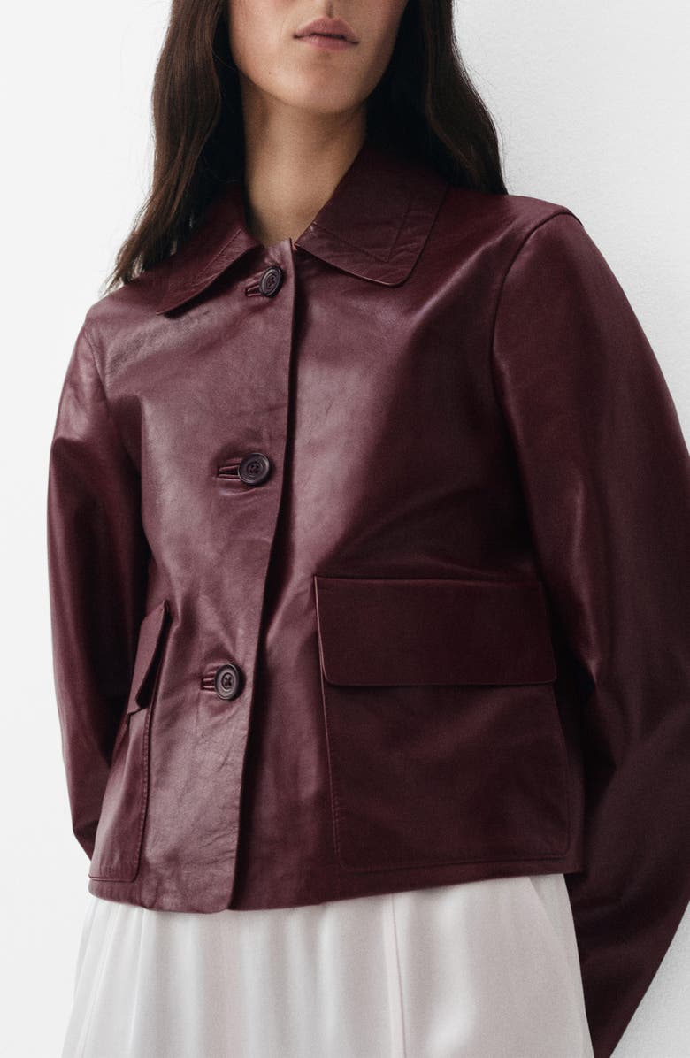 MANGO Selection Leather Button-Up Jacket, Main, color, Burgundy