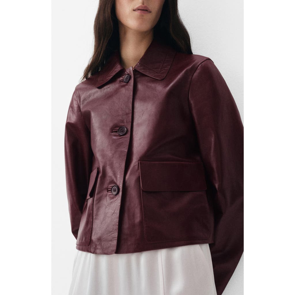 Mango Leather Button-up Jacket In Burgundy