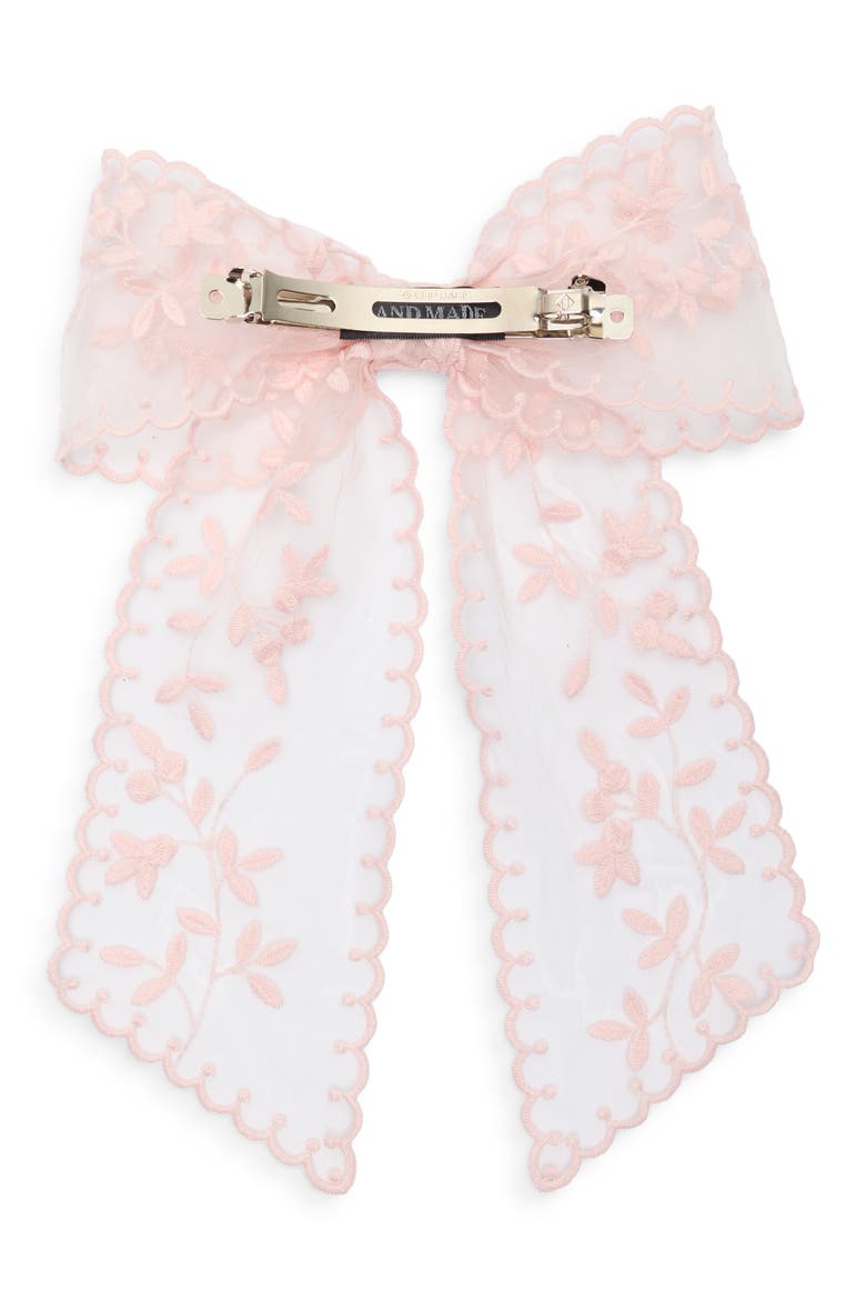 Leaf Embroidered Lace Bow Barrette, Alternate, color, BLUSH
