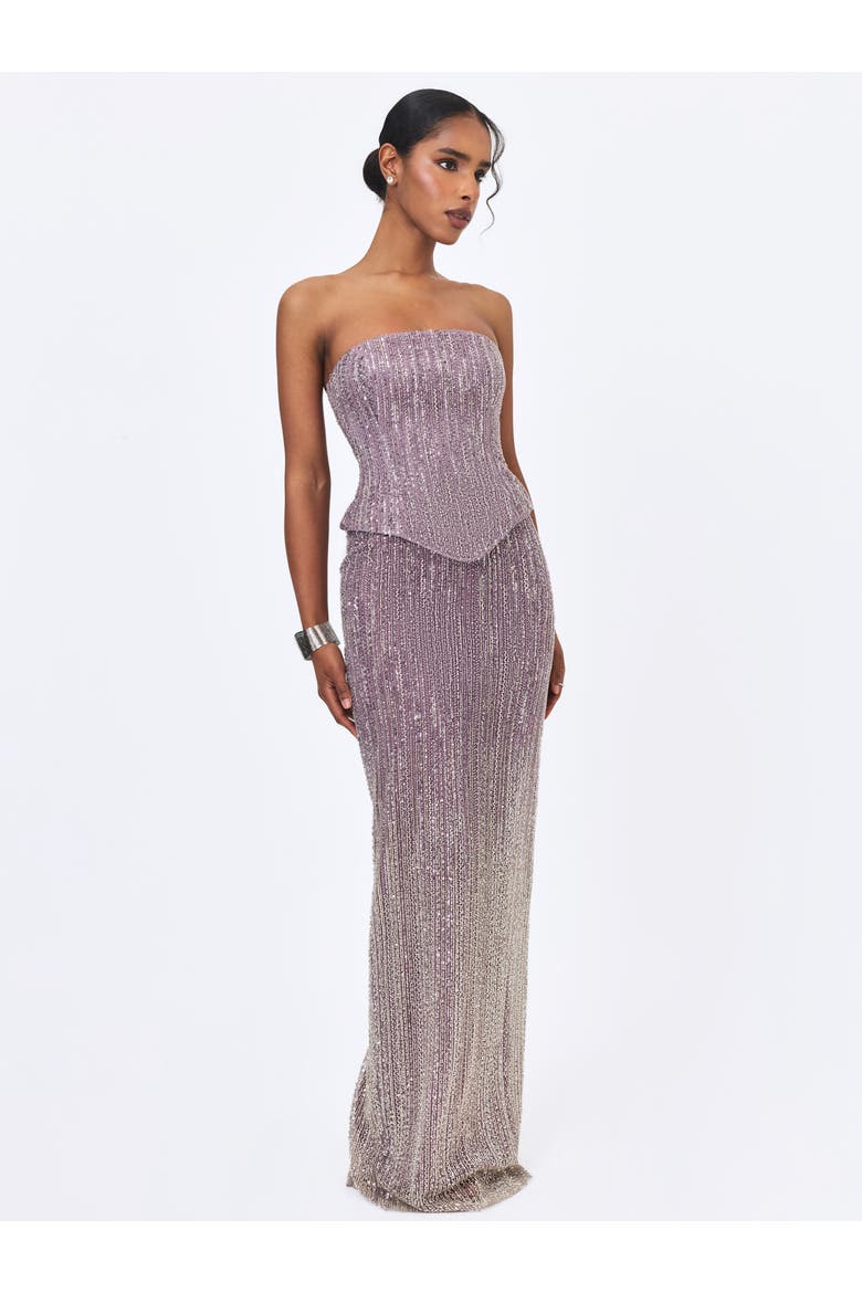 Tosca Crystal Beaded Corset Strapless Peplum Dress, Alternate, color, Purple