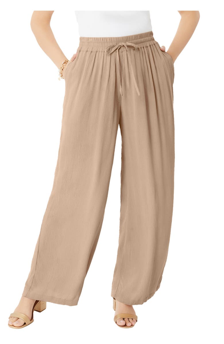 Roaman's Plus Size Hand Crinkled Wide-Leg Pant, Main, color, New Khaki