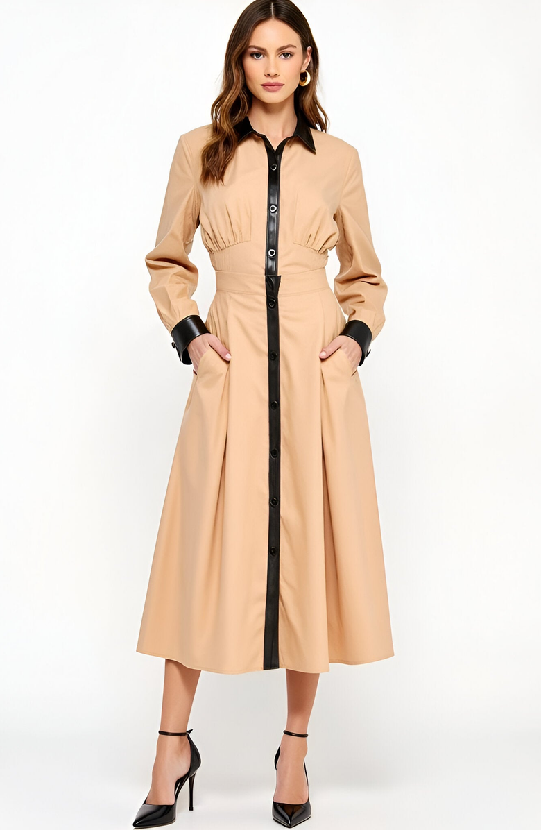 Modenaire Long Sleeve Midi Shirt Dress with Faux Leather Trim and Side Pockets, Alternate, color, 