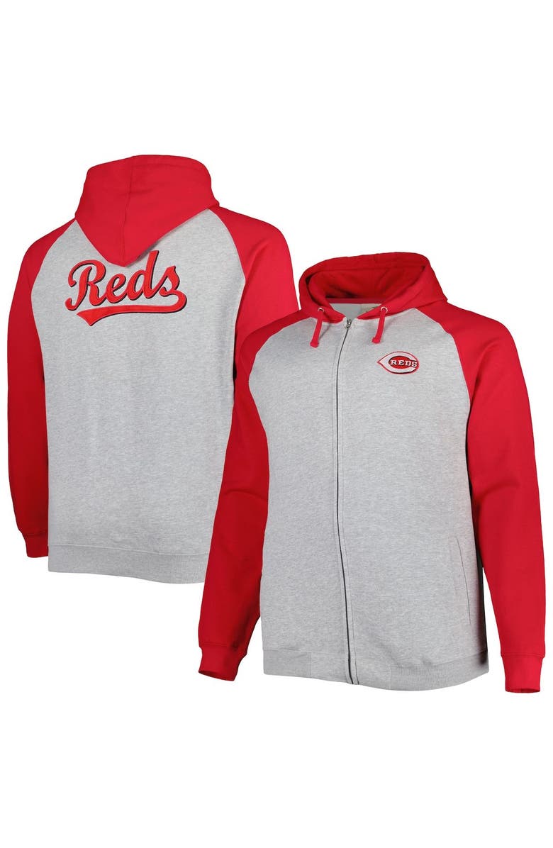 PROFILE Men's Heather Gray/Red Cincinnati Reds Big & Tall Raglan Hoodie Full-Zip Sweatshirt, Alternate, color, 