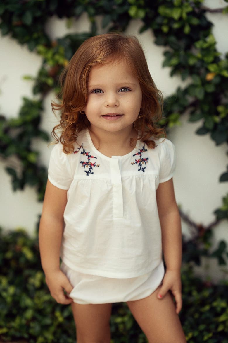 Floral Emboidered Woven Short Sleeve Top and Bloomers Set, Alternate, color, White