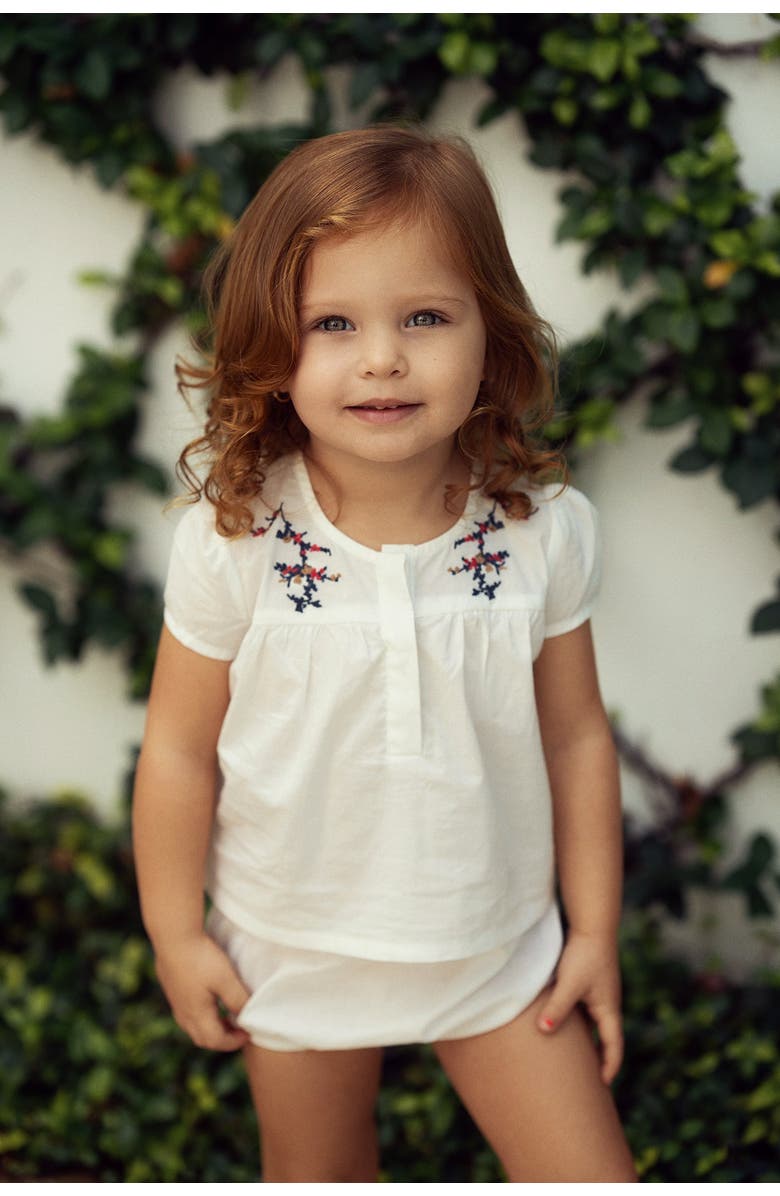 Space Grey Floral Emboidered Woven Short Sleeve Top and Bloomers Set, Alternate, color, White