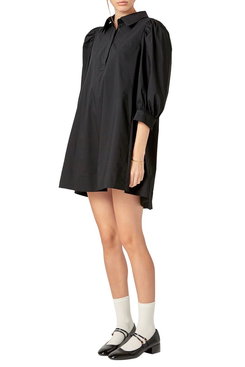 Puff Sleeve Mini Shirtdress, Alternate, color, BLACK