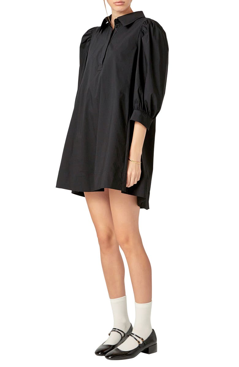 English Factory Puff Sleeve Mini Shirtdress, Alternate, color, Black