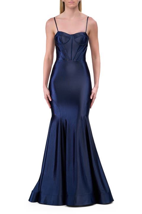 Chic Stretch Satin Gown with Corset Top and Flare Skirt