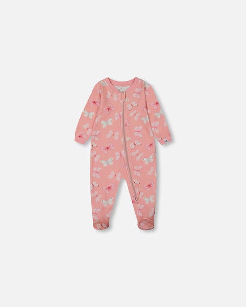 Deux Par Deux Baby Girl's Printed Organic Cotton One-piece Pajama Pink And Blue Butterflies On Old P In Pink And Blue Old Pink
