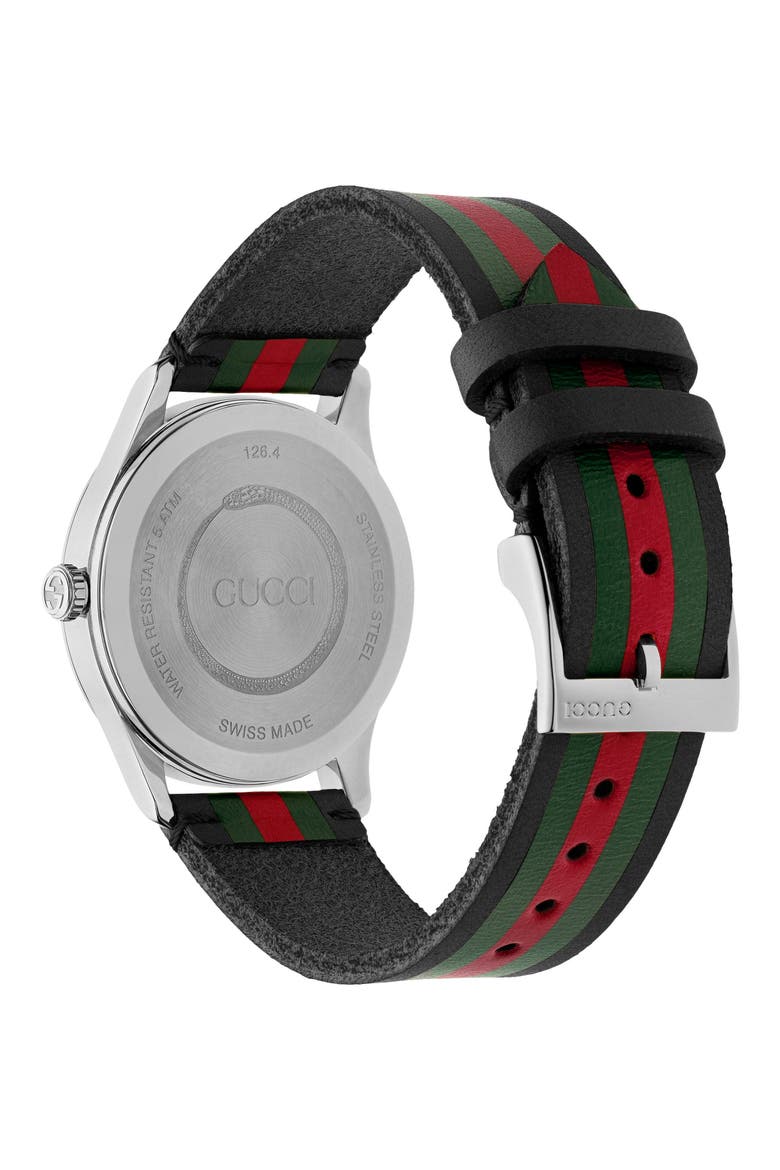 G-Timeless Leather Strap Watch, 38mm, Alternate, color, BLACK/ GREEN/ SILVER