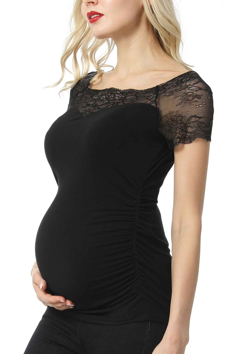 Valerie Lace Shoulder Maternity Ruched Top, Alternate, color, Black