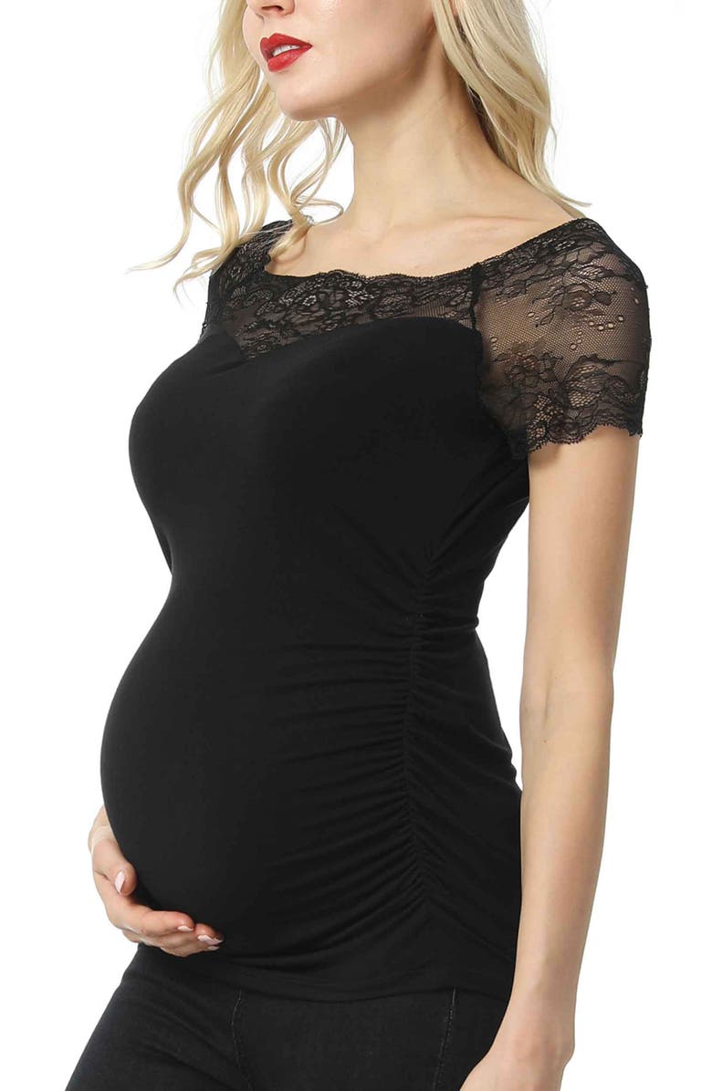 Kimi & Kai Valerie Lace Shoulder Maternity Ruched Top, Alternate, color, Black