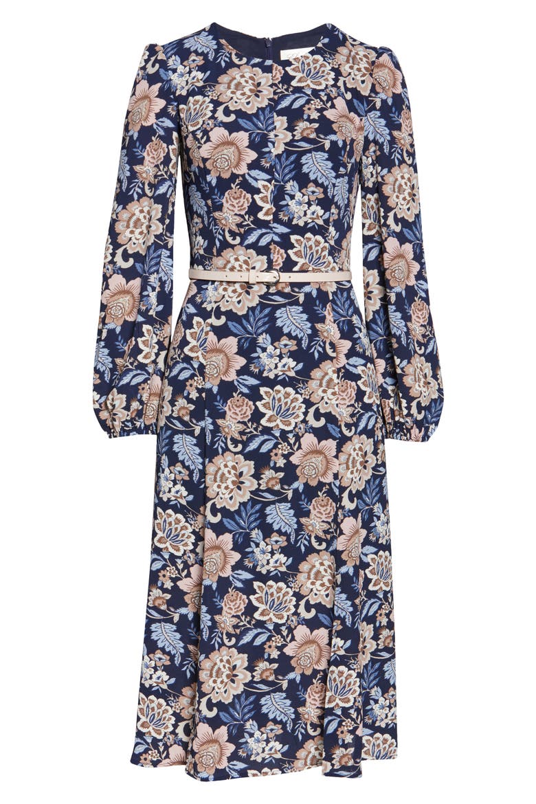 Floral Long Sleeve Pebble Crepe Dress, Alternate, color, NAVY