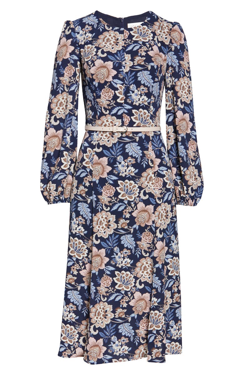 Eliza J Floral Long Sleeve Pebble Crepe Dress, Alternate, color,