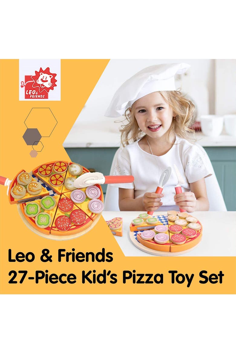 27-Piece Kid's Pizza Toy Set | Play Pretend Pizza Toy Slices, Toppings, Pizza Cutter for Toddlers, Alternate, color, Red