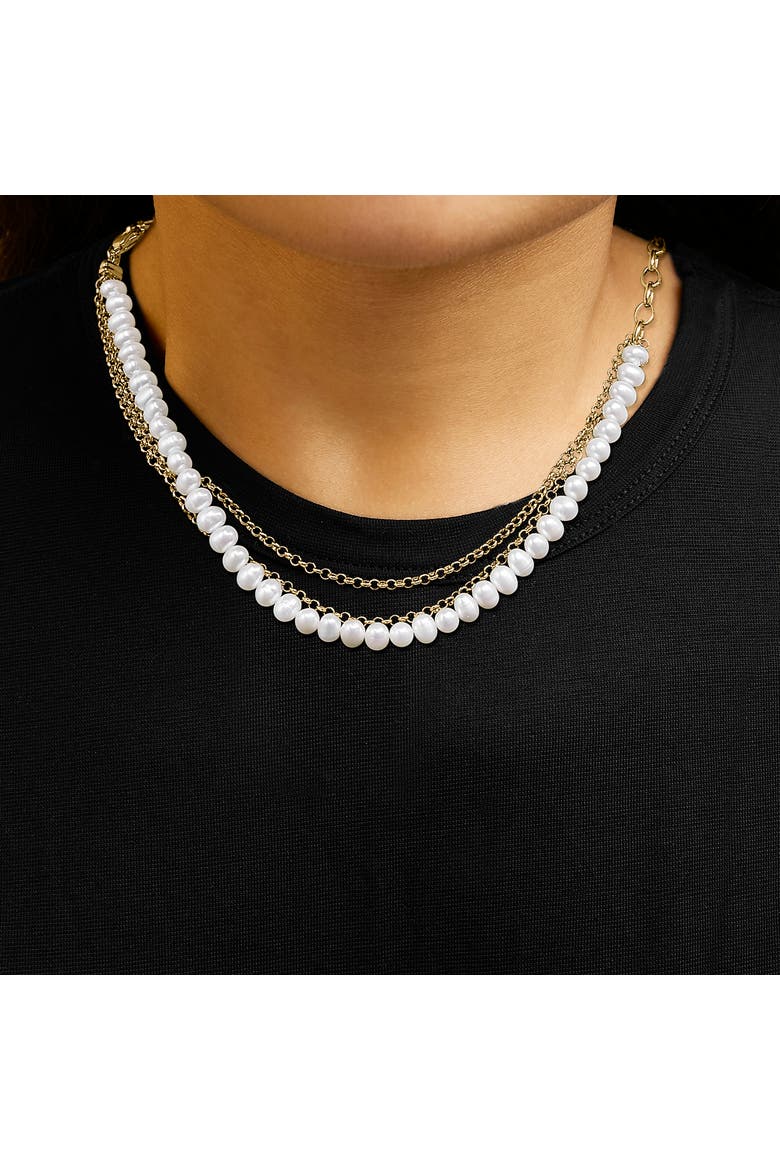 18K Yellow Gold Vermeil Cultured Pearl Strand Necklace with Rolo and Paperclip Chain, Alternate, color, Yellow Gold over Silver