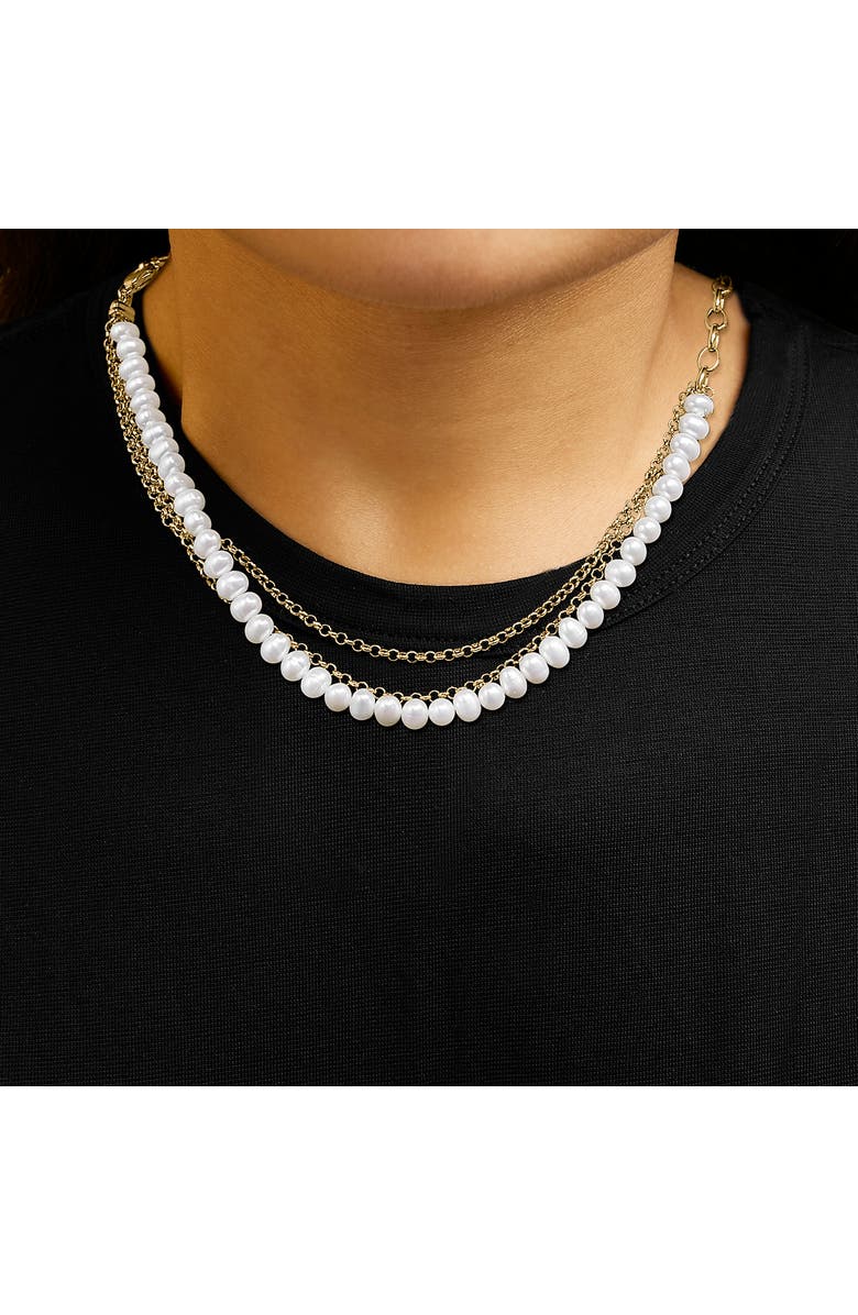 Haus of Brilliance 18K Yellow Gold Vermeil Cultured Pearl Strand Necklace with Rolo and Paperclip Chain, Alternate, color, Yellow Gold Over Silver