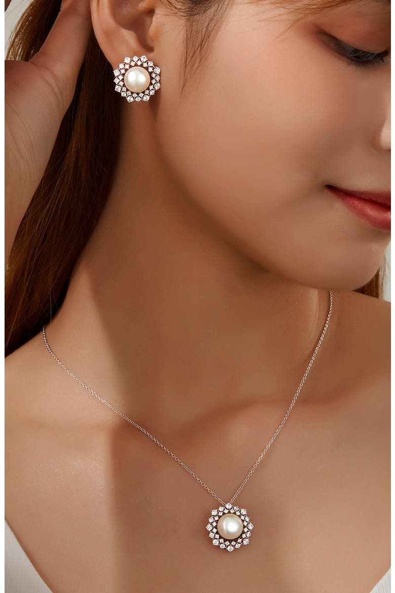 Cultured Pearl & Simulated Diamond Halo Pendant Necklace, Alternate, color, WHITE