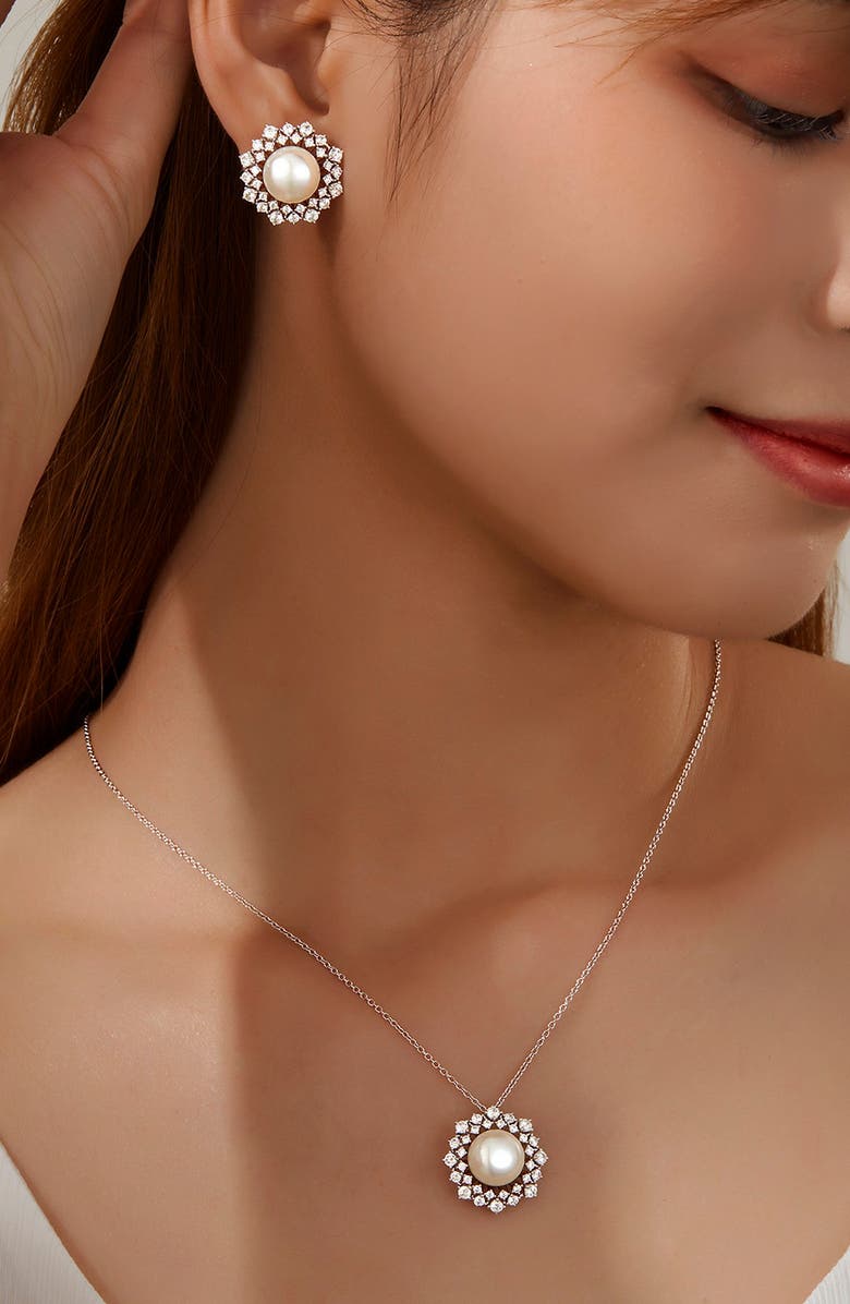 Lafonn Cultured Pearl & Simulated Diamond Halo Pendant Necklace, Alternate, color,