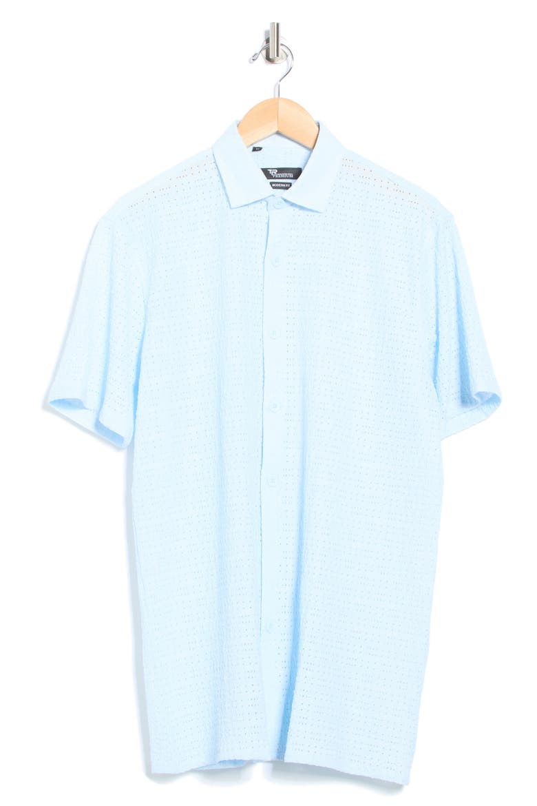Textured Knit Short Sleeve Button-Up Shirt, Alternate, color, BLUE