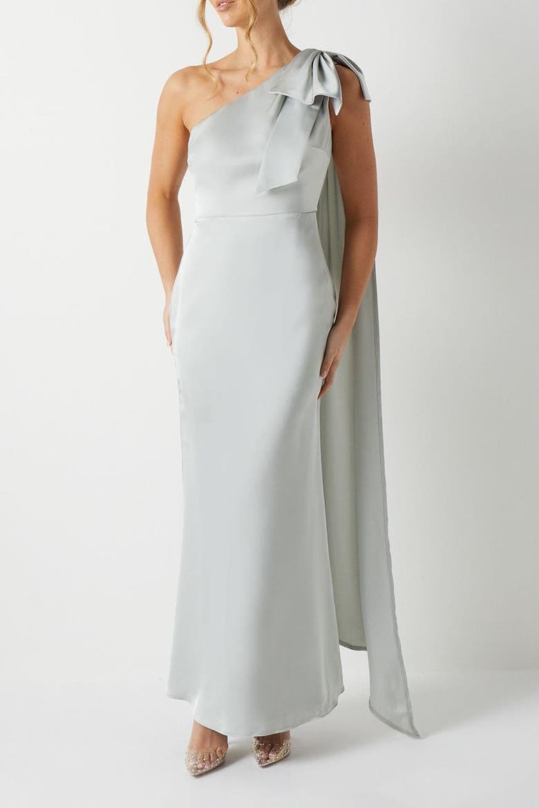 Bow One Shoulder Satin Dress, Alternate, color, Sage