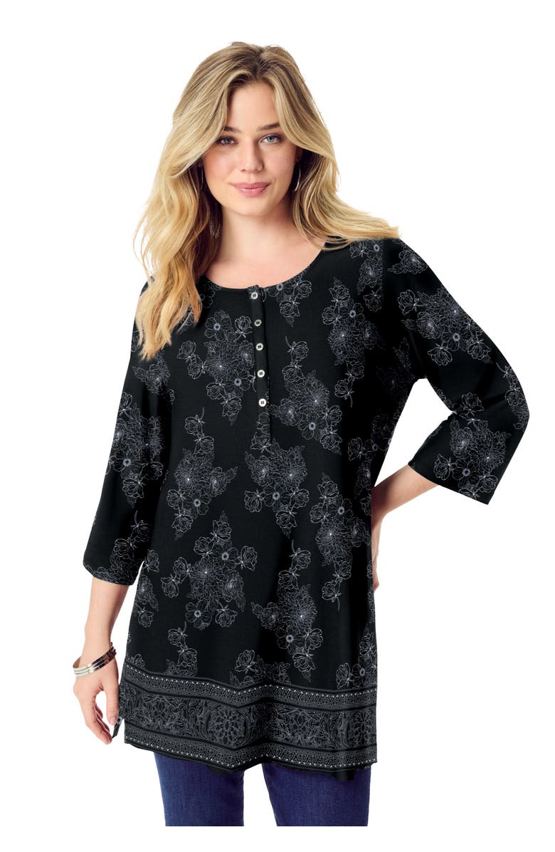 Roaman's Henley Ultra Drape Tunic, Main, color, Black Bouquet Border