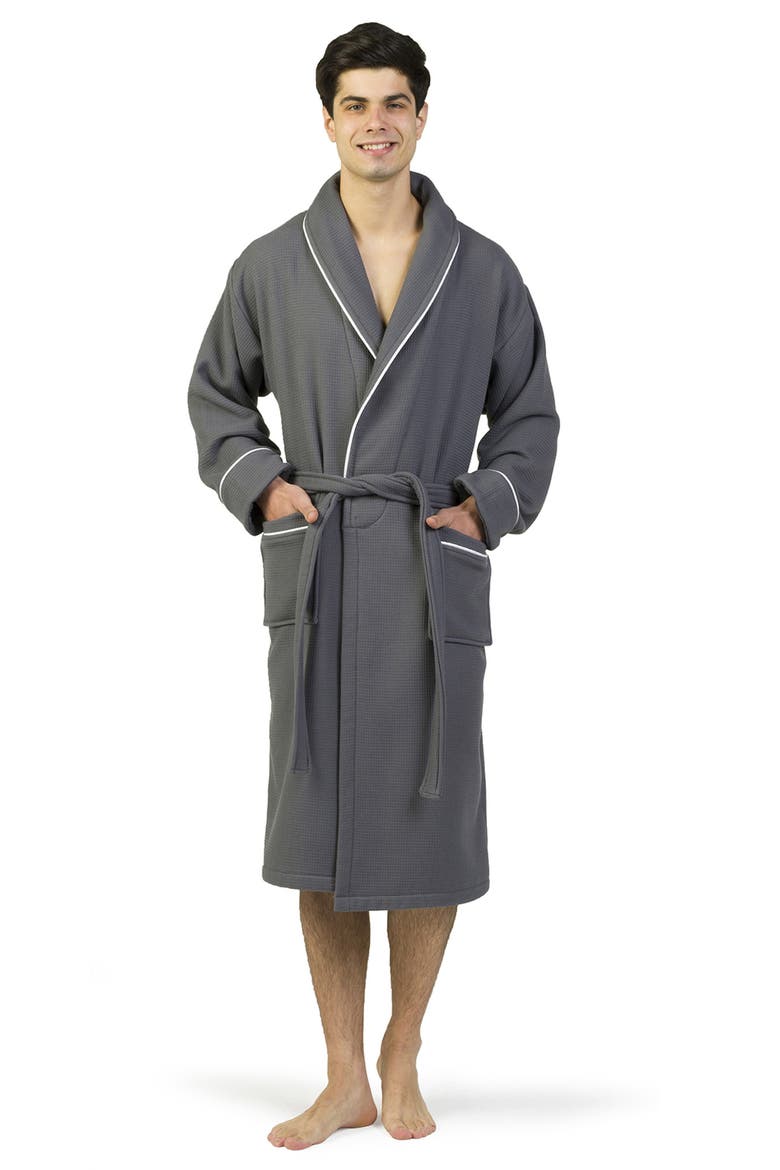Hotel Collection Satin Piped Trim Waffle Terry Bathrobe, Alternate, color, DARK GRAY